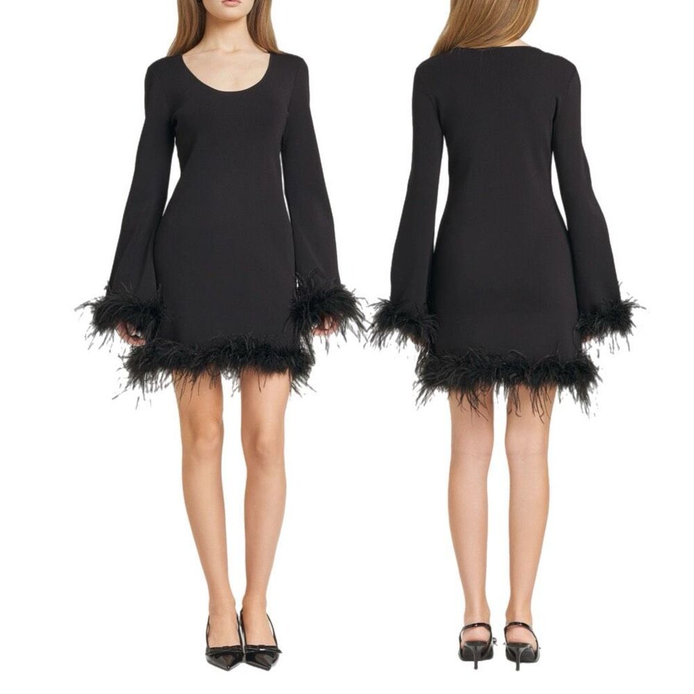Wayf Black Feather-Trim Mini Dress with Scoop Neck